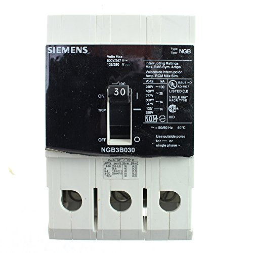 Siemens NGB3B030 Molded Case Circuit Breaker, NGB Type, 3-Pole, 30A, 600V